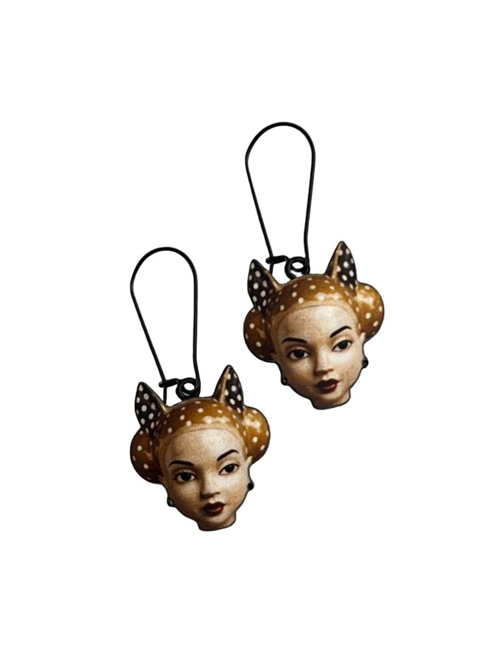 Retro Feline Femme Polka Dot Cat-Ear Doll Face Dangle Woodcut Earrings